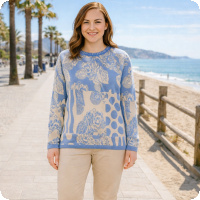 Denna unika damtr�ja fr�n danska Skovhuus �r ett stilfullt val f�r dig som vill addera personlighet till din garderob med damkl�der. Det dekorativa m�nstret i mjuka nyanser av bl�tt och beige skapar ett uttryck som k�nns b�de modernt och tidl�st � perfekt f�r dig som vill sticka ut med elegans.   Tr�jan �r stickad i ett mjukt, f�ljsamt material som ger h�g komfort hela dagen. Den klassiska rundhalsen och den avslappnade passformen g�r den enkel att b�ra och l�tt att kombinera med byxor, jeans eller kjol.