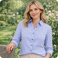 Mycket v�lsydd skjorta i bl� nyanser p� vit botten, sydd i bomull med stretch. V�rnyhet i lager och kostar bara 699 kr. L�ng �rm med manschett och insyningar som ger fin siluett, helt frontkn�ppt.  Fler snygga blusar och damkl�der hittar du i webbutiken - v�lkommen!