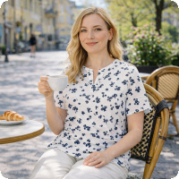 S� sk�nt i sommar! Behaglig ren bomull som v�vts i seerzucker-struktur �r denna blus behagligt sval. Marin blommor p� vit botten. V-hals och kort �rm. Succ�!